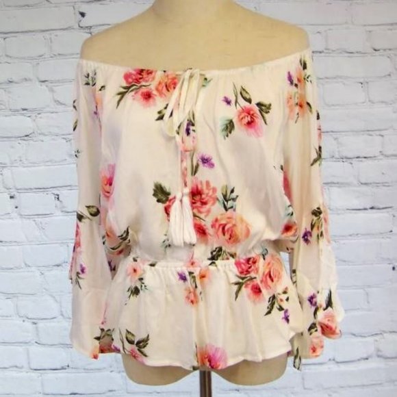 white birch Tops - White Floral Off the Shoulder Top - Small, Medium, Large, XL, 1X